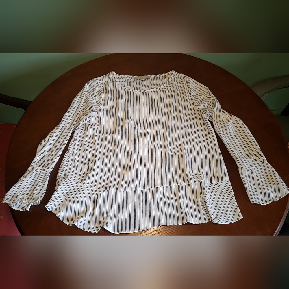 LOFT Women's Blouse White Striped Back Ruffle Medium